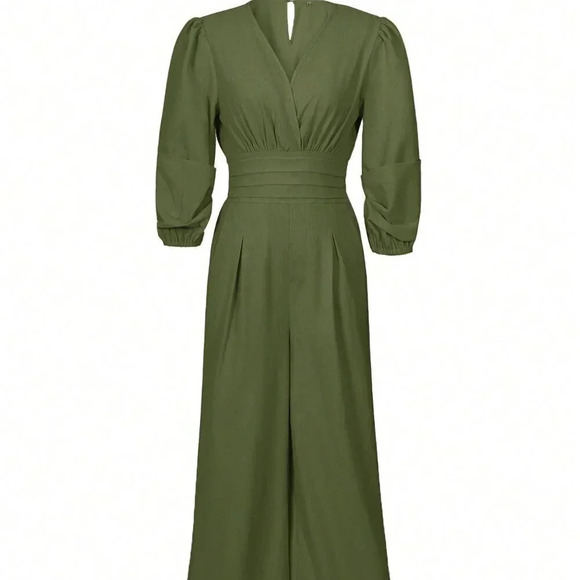 Army Green Elegant Women's Casual Solid Color Lantern Sleeve Jumpsuit - Picture 3 of 9
